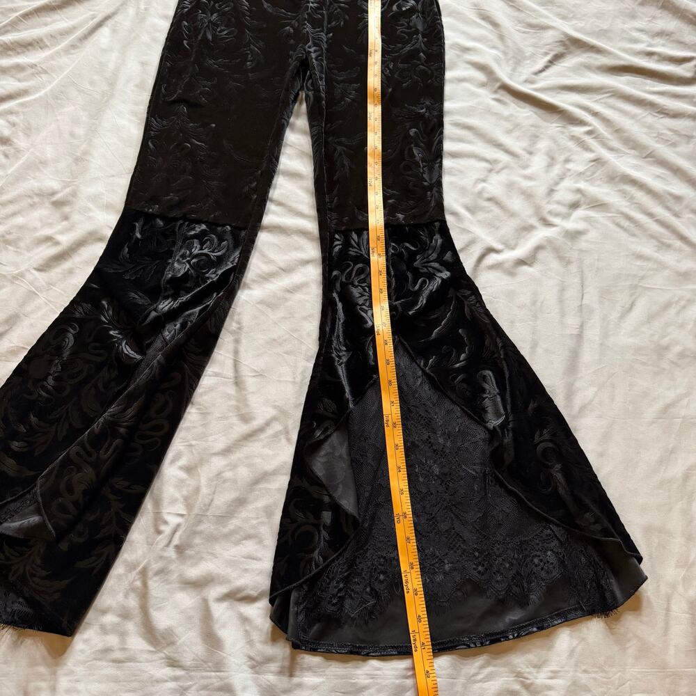 Black Velvet Damask Bell Bottom Pants Small/Medium Elastic Waist Lace Hem Boho - Picture 9 of 11